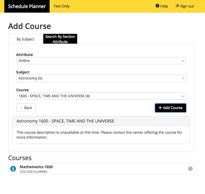 Screenshot of Schedule Planner with highlighted Search by Section Attribute tab. This shows drop-down menus for Attribute, Subject, and Course.